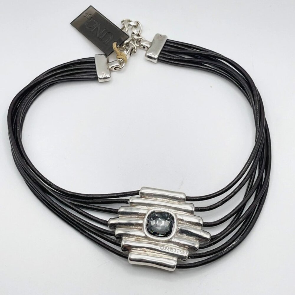 Uno de 50 Fearless Attached Crystal Choker Necklace Silver Multi Strand leather - Picture 10 of 15